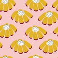 Seamless vector flowers repeating background. Scattered florals pattern. Flat gold yellow doodle flowers on pink. Scandinavian
