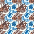 Seamless vector folk pattern with brown lowers and blue leaves