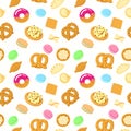 Seamless vector food pattern with pastries, sweets, pasta and dumplings