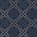 Seamless vector geometric floral ornament with abstract outline leaves in monochrome blue colors on dark background. Ornamental