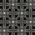 Seamless vector geometric floral pattern with flowers and leaves in monochrome gray, white colors on black background. Ornamental Royalty Free Stock Photo