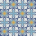 Seamless vector geometric floral pattern with flowers and leaves in pastel blue colors on light background. Colorful ornament with
