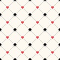 Seamless vector geometric pattern with house icons, red hearts and polka dot. Concept of staying home, selfisolation Royalty Free Stock Photo