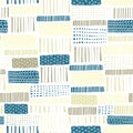 Seamless vector geometrical pattern. Horizontal rectangles blue, sand, and yellow colors. Hand drawn lines on a white background.