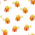 Seamless vector Gift pattern, red gift boxes with golden ribbon on white background