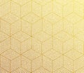Seamless vector golden pattern texture with abstract hexagon grid 3d cube structure.