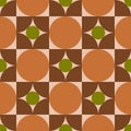 Seamless vector graphic of circles and quarter circles in shades of brown and green. It might be used as a retro fabric or