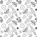 Seamless vector graphic pattern of automobile spare parts. line pattern of gasoline engine, exhaust, gear, spark plug, filter and