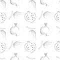 Seamless vector gray pattern with hand drawn pomegranates and leaves on the white background Royalty Free Stock Photo