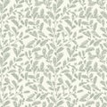 Seamless vector green sage color line leaf and twig pattern on beige background. Hand drawn floral botanical wallpaper. Royalty Free Stock Photo