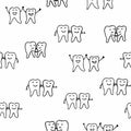 Vector repeat pattern with black and white happy doodle tooth silhouettes