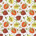 Seamless vector hand drawn childish pattern with fruits. Cute childlike strawberries with leaves, seeds, drops. Doodle, sketch, ca