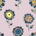 Seamless vector hand drawn doodle childlike floral pattern. Background with childish flowers, leaves. Decorative cute graphic line Royalty Free Stock Photo