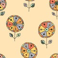 Seamless vector hand drawn doodle childlike floral pattern. Background with childish flowers, leaves. Decorative cute graphic line Royalty Free Stock Photo