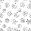 Seamless vector hand drawn doodle childlike floral pattern. Background with childish flowers, leaves. Decorative cute graphic line Royalty Free Stock Photo