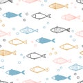 Seamless vector hand drawn fish pattern. Royalty Free Stock Photo