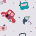 Seamless vector hand drawn pattern with decorative elements, car, bag, umbrella, sunglasses. Colorful background, graphic