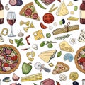 Seamless vector hand drawn pattern with italian food - pasta, pizza, cheeses, wine and vegetavles on white background Royalty Free Stock Photo