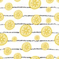 Seamless vector hand drawn pattern with lemon slices on the horizontal striped background.