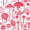 Seamless vector hand-drawn toadstool pattern. Stylized image of hallucinogenic mushrooms. Fantasy drawing concept of psilocybin