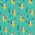 Seamless vector hawaii pattern. Summer background with dancing girls and flowering cactuses.