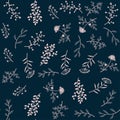 Seamless vector herbal pattern. Doodle flowers ornament in retro style