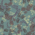 Seamless vector herbarium pattern with leaves silhouettes on a teal background
