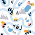 Seamless vector highlands road map pattern in scandinavian style. Landscape background with funny road, monster trucks Royalty Free Stock Photo