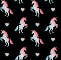 Seamless vector holographic unicorn and heart pattern on black background