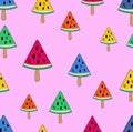 Seamless vector illustration with multicolored ice-cream on stick in watermelon shape on a light pink background Royalty Free Stock Photo