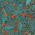 Seamless vector illustration vintage pattern with bouquet of blue flowers and orange butterflies. Peonies, roses, sweet Royalty Free Stock Photo