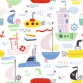 Seamless vector marine pattern. For cards, t-shirt prints, birthday, party invitations, scrapbook, summer holidays