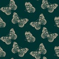 Seamless vector monarch butterflies pattern for wallpaper and gift paper. Gold Butterfly on emerald green background