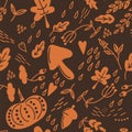 Seamless vector monochrome pattern with autumn leaves, mushroom and pumpkin in brown and beige colors Royalty Free Stock Photo