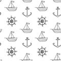 Seamless vector nautical pattern with ship and rudder. Linear illustration in doodle style. Packaging, paper, fabric design. EPS10