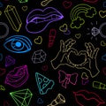 Seamless vector neon pattern with doodle elements. Royalty Free Stock Photo