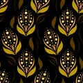 Seamless vector ornamental pattern with abstract floral elements in gold-green colors on black background