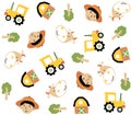 Seamless vector pattern with farm life. Farmer, tractor, barn, tree, cow Royalty Free Stock Photo