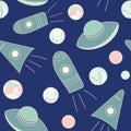 Seamless vector patter with ufo, spaceships and plantes