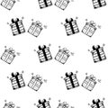 Seamless vector patterm of hand drawn doodle gift boxes with bows and ribbons. Royalty Free Stock Photo