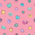 Seamless vector pattern with abstract colorful flowers and white dots