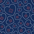 Seamless vector pattern of the abstract outline white heart symbols with red crosses Royalty Free Stock Photo