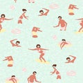 Seamless vector pattern with active swimming people in scandinavian style.