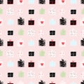 Seamless vector pattern with adorable doodle gift boxes on pink