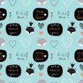 Seamless vector pattern with adorable fox and words in Valentine inspired theme