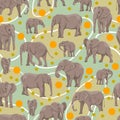 Seamless vector pattern with African bush elephant Loxodonta africana. Females, males and cubs of the African savanna elephant