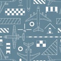 Seamless pattern with airplanes and aerodrome signs on gray background Royalty Free Stock Photo