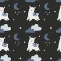 Seamless vector pattern with alpaca, stars and moon. Trendy baby texture for fabric, wallpaper, apparel, wrapping. Cute llama.