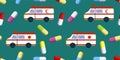 Seamless vector pattern of ambulance car and colored capsule pills randomly distributed isolated on dark background. illustration