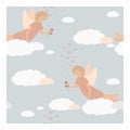 Seamless vector pattern with angels on sky background. Royalty Free Stock Photo